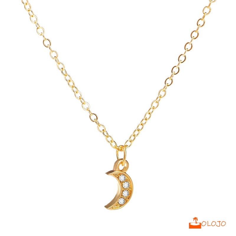 OLOJO  Moon Pendant Necklace Rhinestone Jewelry Dengan Rantai Pendek Klavikula Kalung Berlian Chain