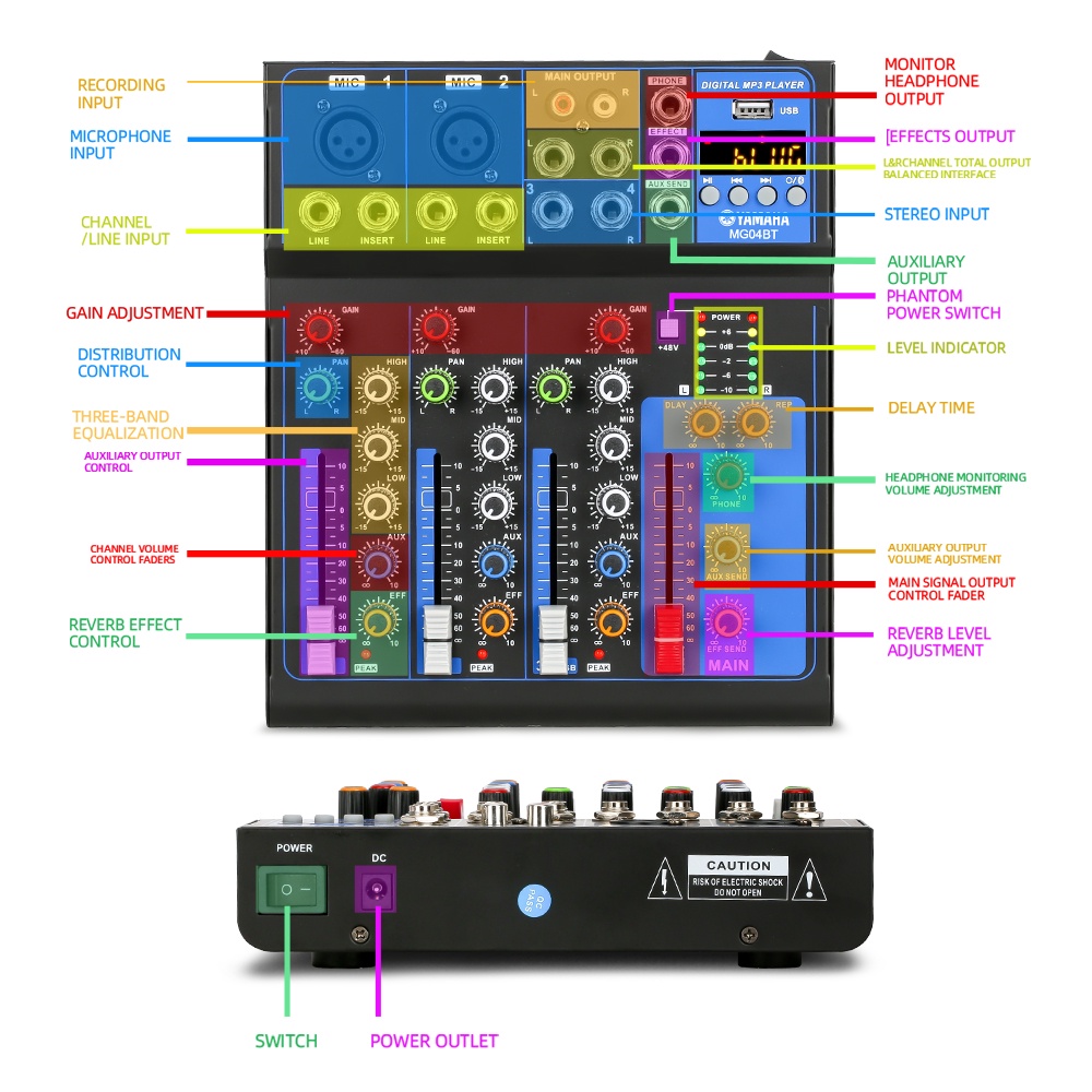 AUDIO MIXER mixer profesional 4-channel MG04BT mixer Penguat sinyal USB Penguat KTV Penguat kinerja panggung Penguat kinerja panggung