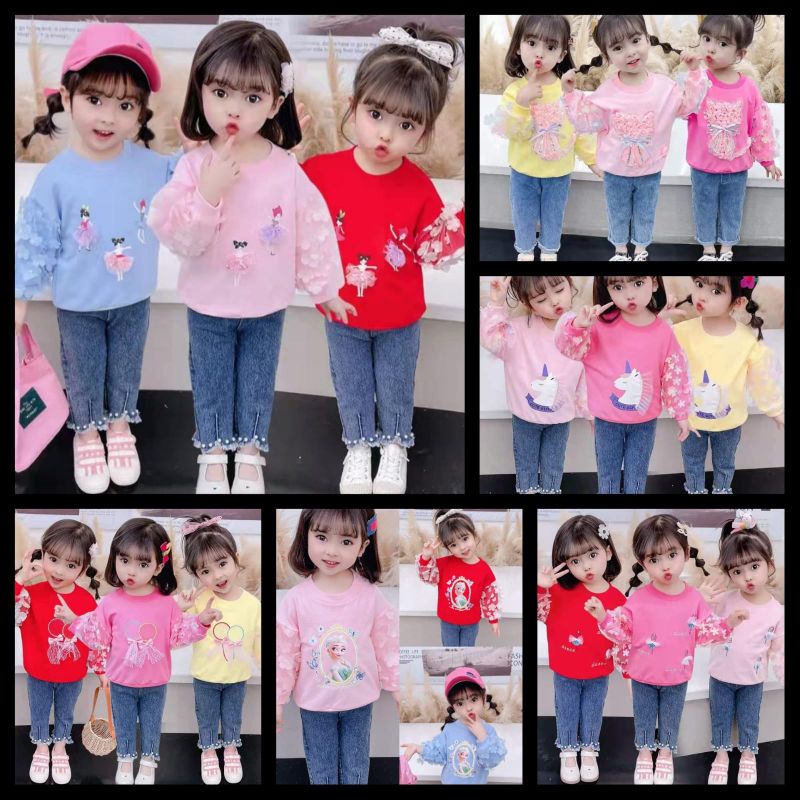 SETELAN JEANS ANAK PEREMPUAN IMPORT LENGAN BALON