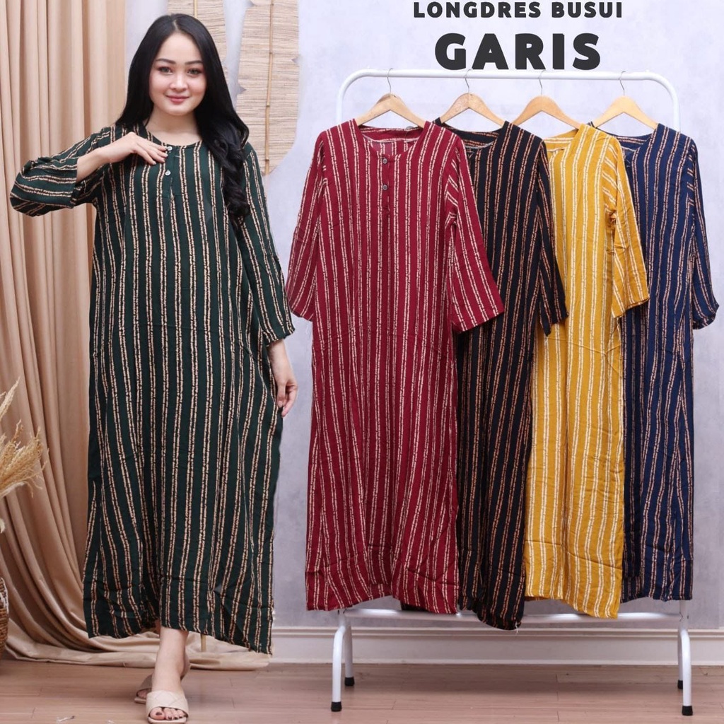 LONGDRESS CABUTAN CINCIN LENGAN PANJANG DASTER PANJANG KANCING DEPAN BUSUI DASTER ADEM MURAH GRIYA BATIK-LD GARIS