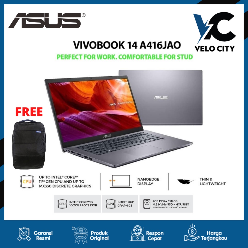 ASUS Laptop A416JAO-FHD352 Core i3 4gb/512gb Grey Garansi Resmi 2 Tahun