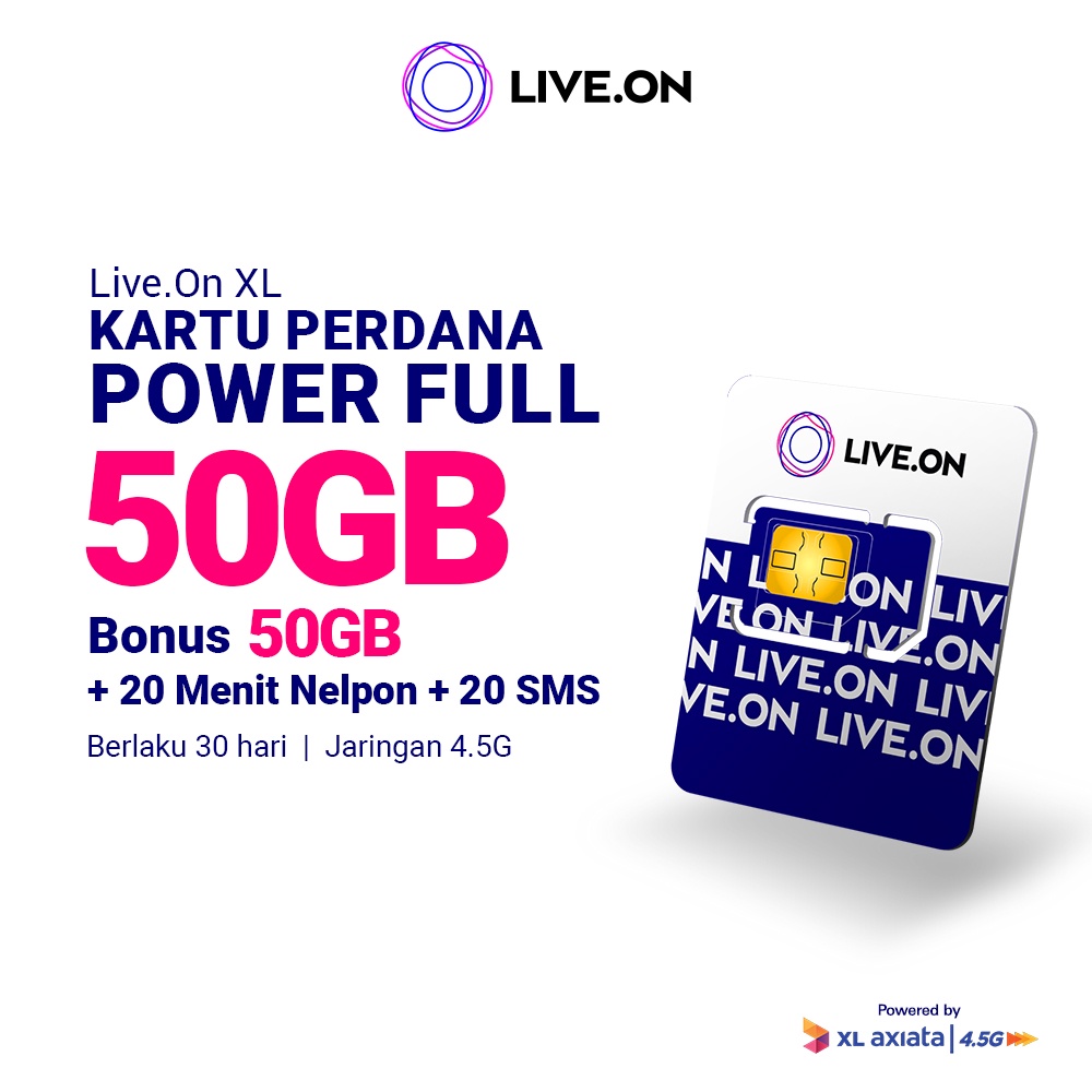 Live.On Kartu Perdana Power Full 50GB (30 hari) + 10GB/Bulan (Total 50GB) Jaringan 4.5G + 20 Min Nelpon + 20 SMS