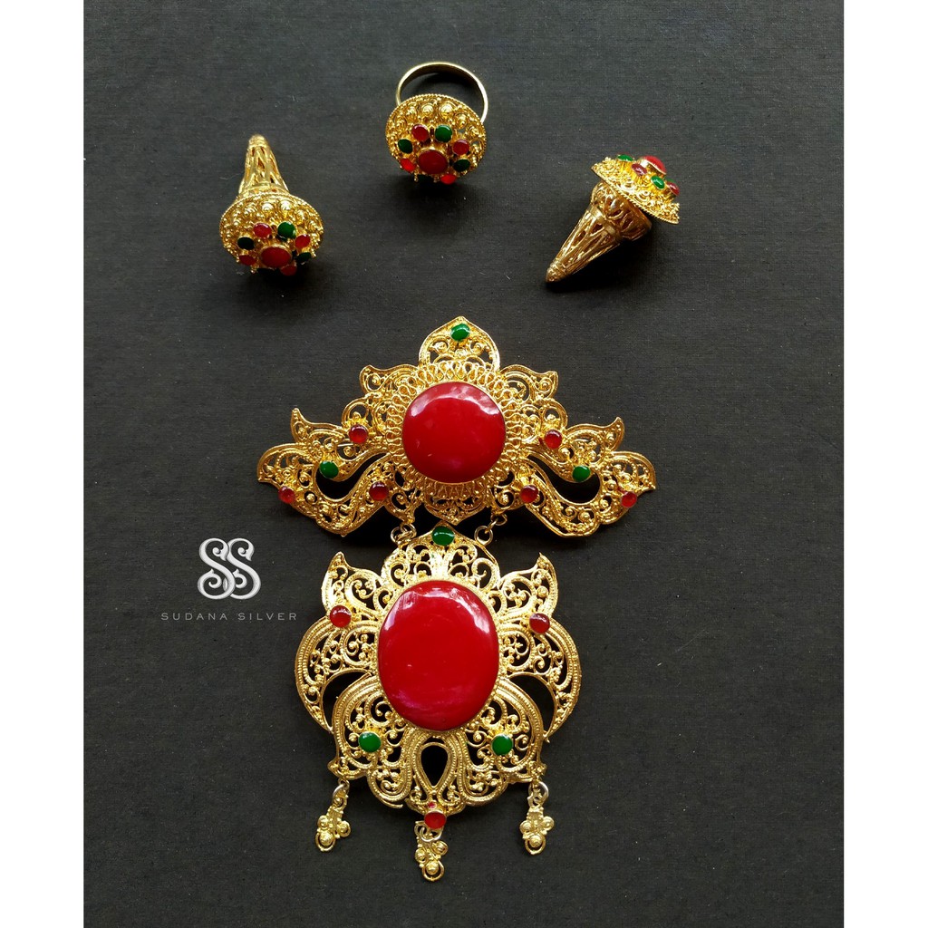 Bros Alpaka Resin Merah T2 Gold Plated Aksesoris Kebaya Bali