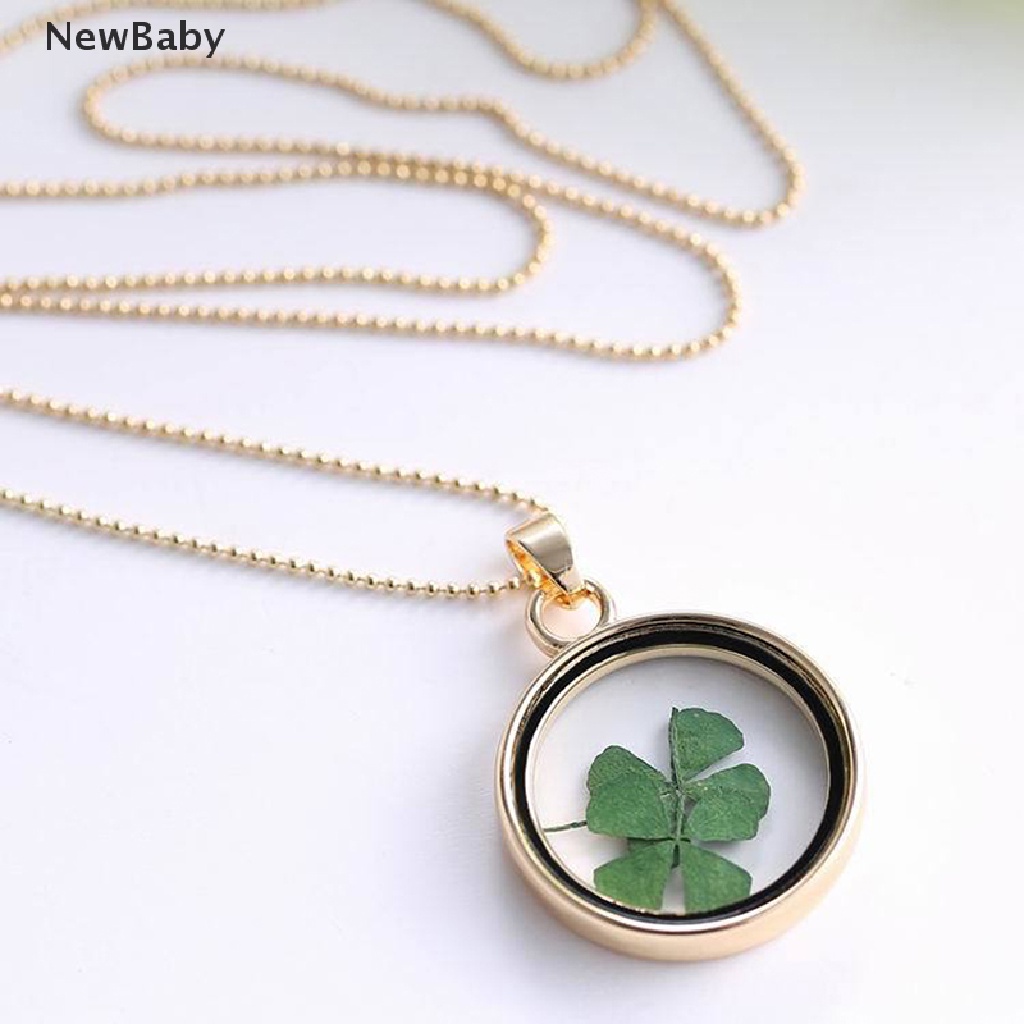 NewBaby Natural Real Dried Clover Flower Clear Resin Locket Pendant Necklace Four-Leaf ID