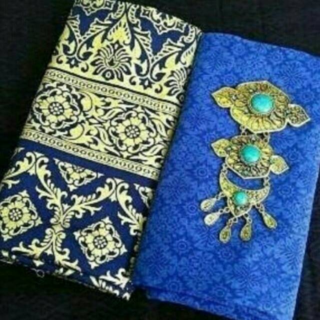 Kain set batik prada sarung full biru dan embos