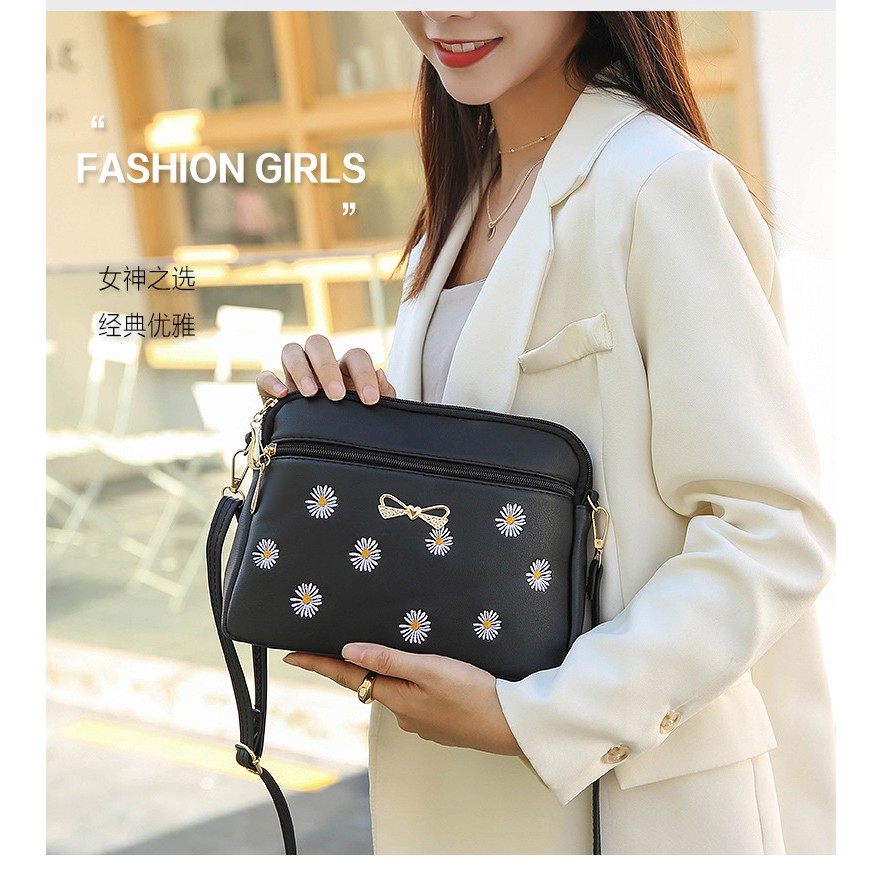 TAS SELEMPANG WANITA KULIT BORDIR BUNGA KOREA HITAM MURAH KECIL SLING BAG YAKIMA TA262B5 IMPORT ABG