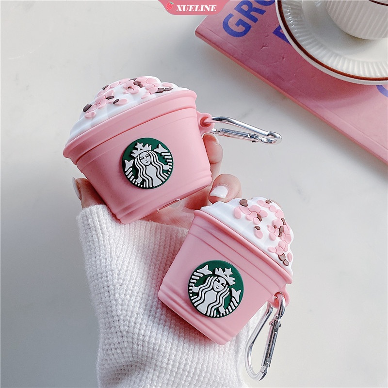 Case Bentuk Cangkir Kopi 3D Warna Pink Dengan Gantungan Kunci Untuk AirPods 1 2 3 Pro