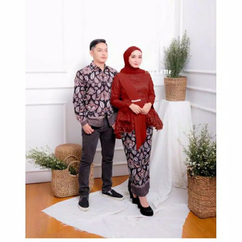 KEBAYA COUPLE SEMI PRANCIS Katun BAHAN KEBAYA SEMI FRANCE CORNELI COUPLE DANILLA BATIK COUPLE Pink-Maroon