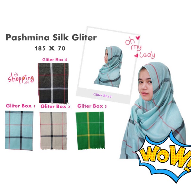 Jilbab Hijab Pashmina Sutra Silk Gliter Motif Kotak