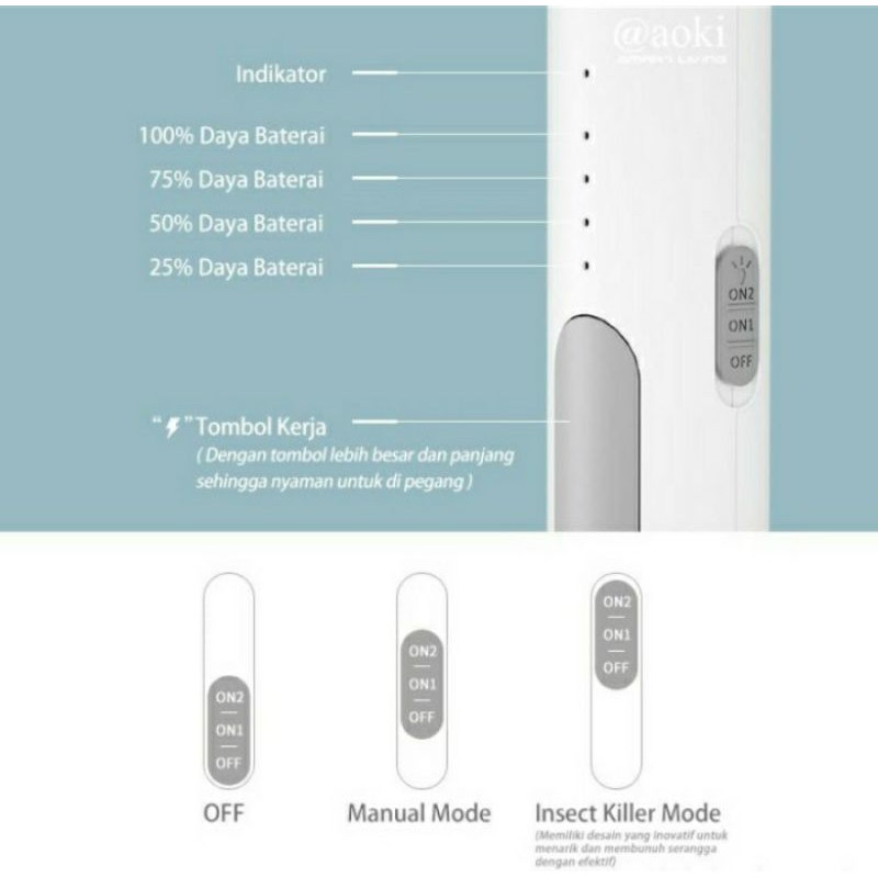 raket nyamuk aoki terbaru Ak-881S-putih efektif 2 in 1 insect killer cas/ dua fungsi