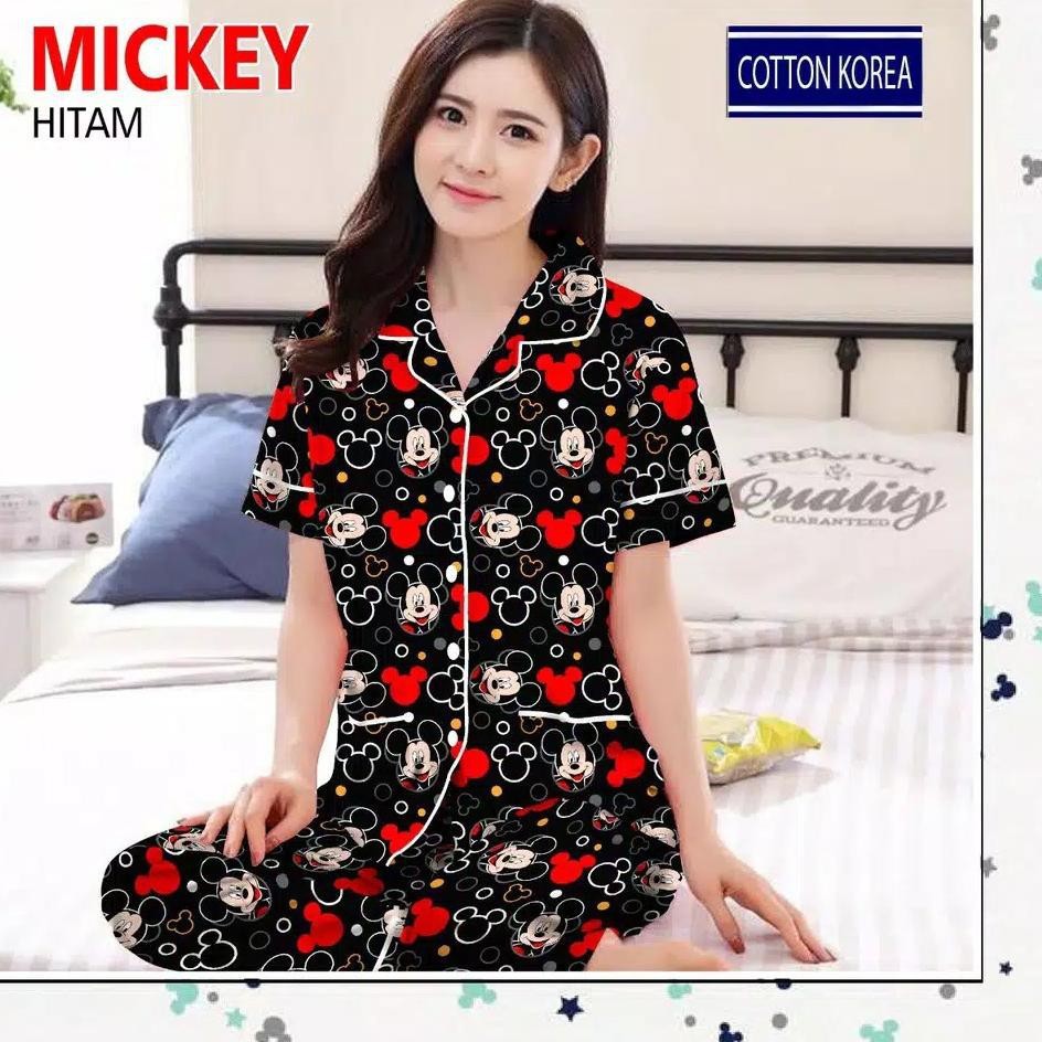 BJ - Piyama CP Wanita Murah - Bahan Katun - Baju Tidur Lengan Pendek Motif Karakter-Black Micky