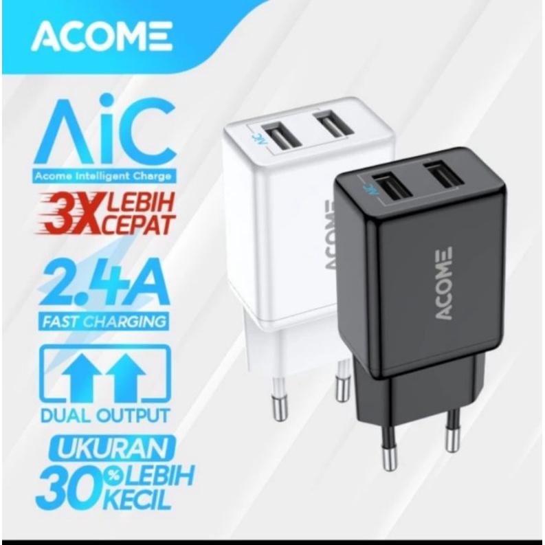 ACOME AC03 Charger Adaptor 2.4A AIC Fast Charging 2 Port USB ORIGINAL