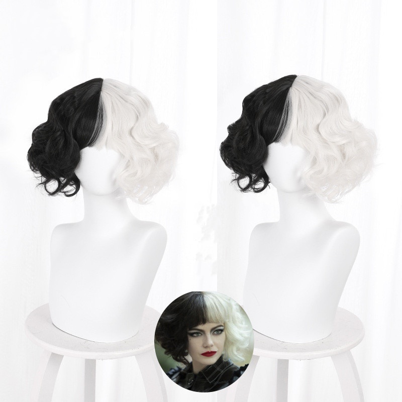 PREORDER Cruella De Vil Kuila Half Black Half A Hundred Small Short Curly Cos Wig Wig Caps for Makin
