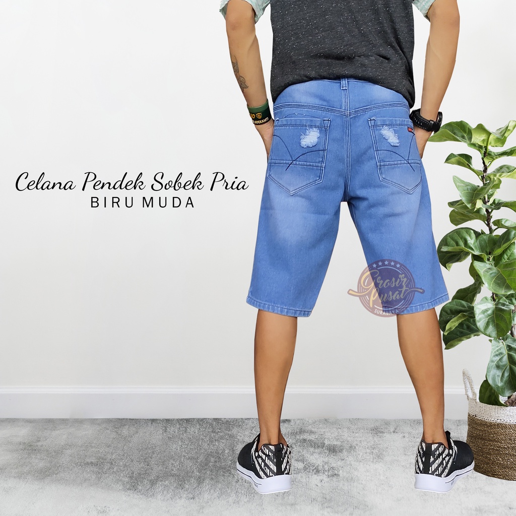 Celana Pendek Jeans Model Sobek Ripped Pria  Biru Muda 27 - 38