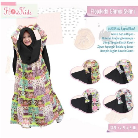 Gamis Syari Branded Premium Rayon FLOWKIDS Baju Muslim Anak Perempuan + Hijab/Khimar/kerudung TK-G6