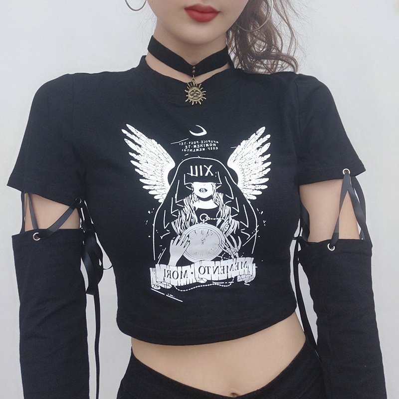 #Sisjuly# Gadis Punk Menyenangkan Dark Angel Cetak Jahitan Lengan Panjang T-shirt Wanita Pinggang Ti