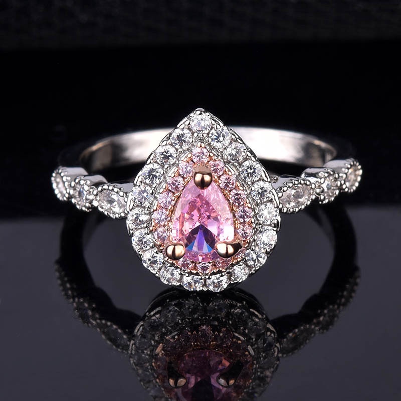 Fashion Inlaid Pink Crystal Water Drop Pear Ring Luxury Ring