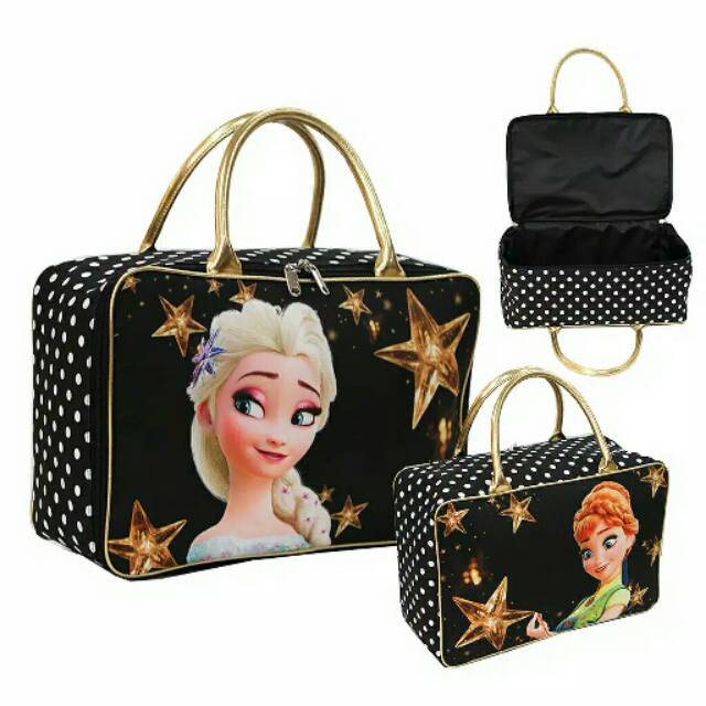 Tas Travel Jinjing Koper Anak Serbaguna Frozen Fever Elsa Anna Hitam Gold Polka Murah
