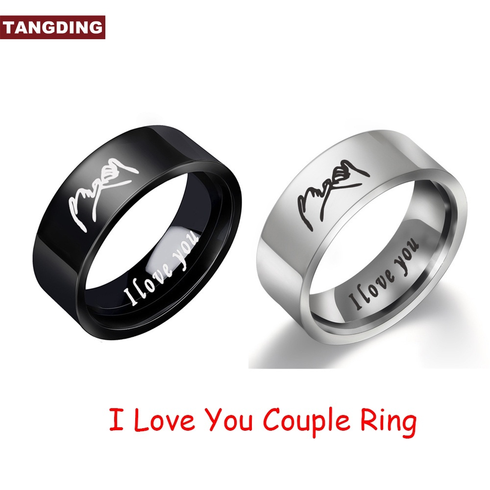 Cincin Pasangan Desain Tangan I Love You Bahan Titanium Silver Warna Hitam Untuk Pria Dan Wanita