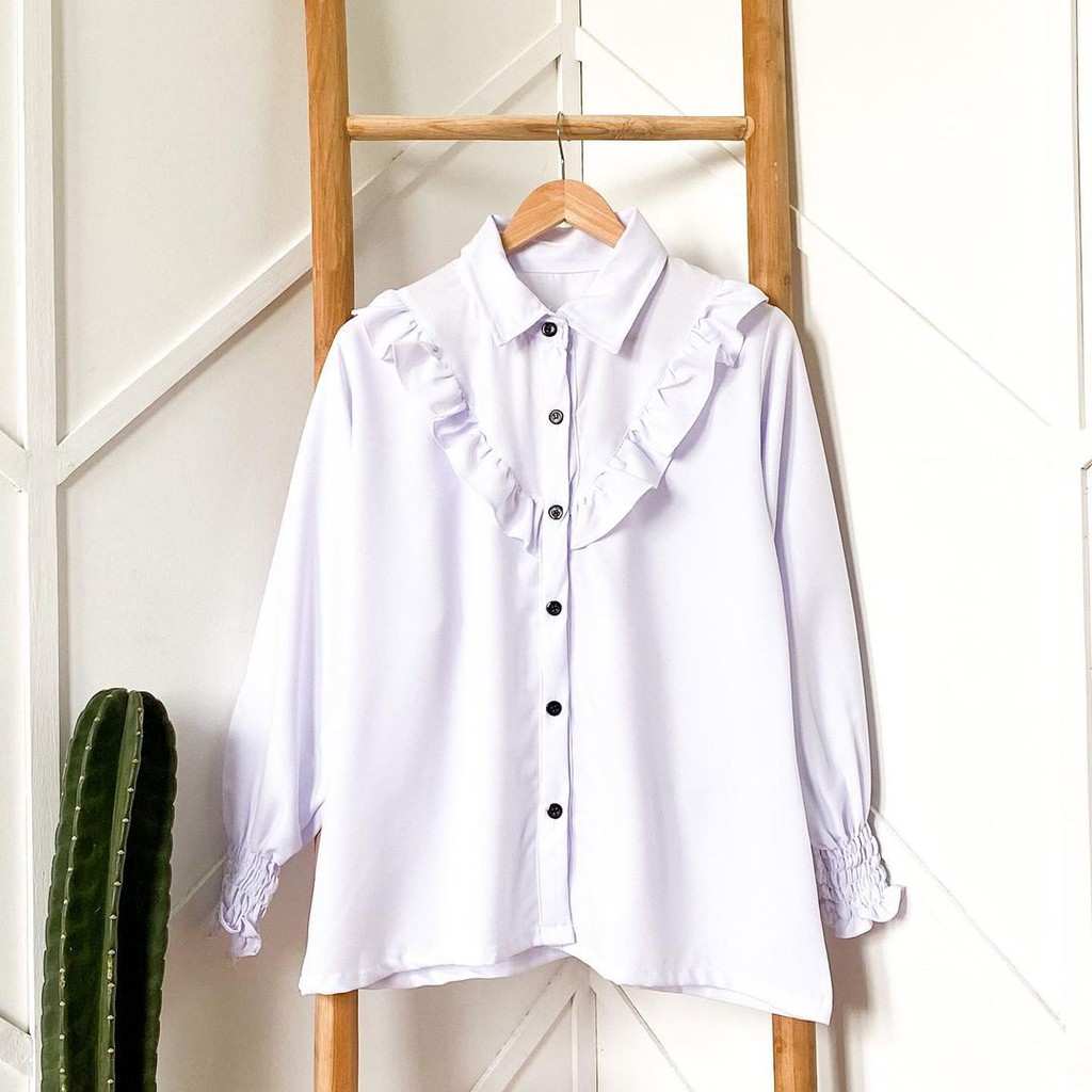 Baju Kemeja Wanita Formal  Style Korea Atasan Polos Casual Putih Lengan Panjang Outfit Ngantor-2