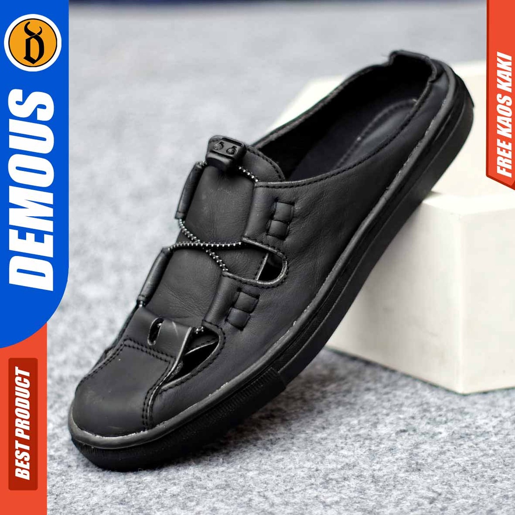 DEMOUS VIXSI Sepatu Sandal Kulit Bustong/Tutong Pria Hitam