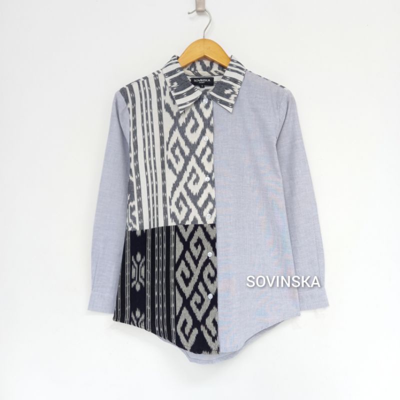Atasan Tenun Kombinasi Sw 2 Batik Kombinasi kemeja wanita lengan panjang baju kerja Hem motif by Sov