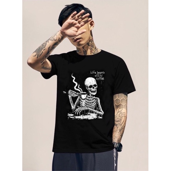 BAJU TSHIRT KAOS DISTRO LIFE BEGINS AFTER COFFEE TENGKORAK   / ATASAN PRIA / T-SHIRT PRIA