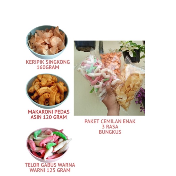 

Paket Cemilan 3 Varian /Keripik original 160Gram/Makroni pedas gurih 120Gram/Telor Gabus Manis 125G