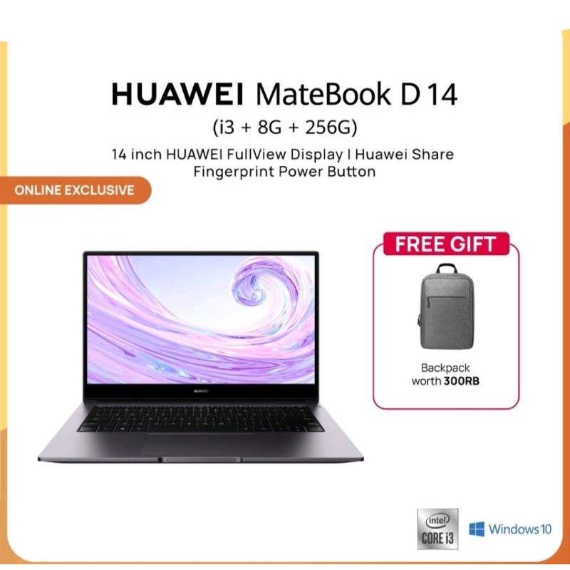 HUAWEI MateBook D14 i3-10210U Laptop [Intel i3/8GB/256GB] + Backpack