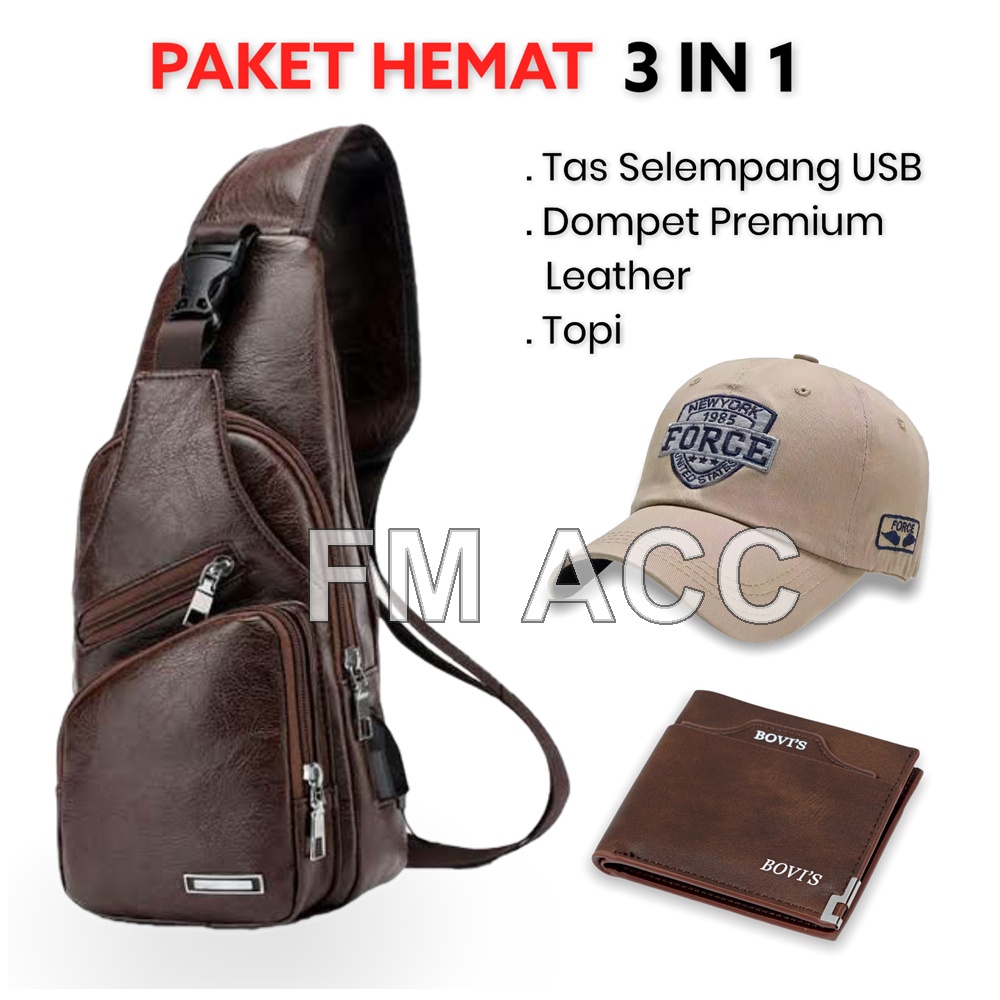 Tas Selempang Waisbag Slempang USB Kulit Sintesis Import+Dompet Pria Lipat Pendek Plus Topi Pria