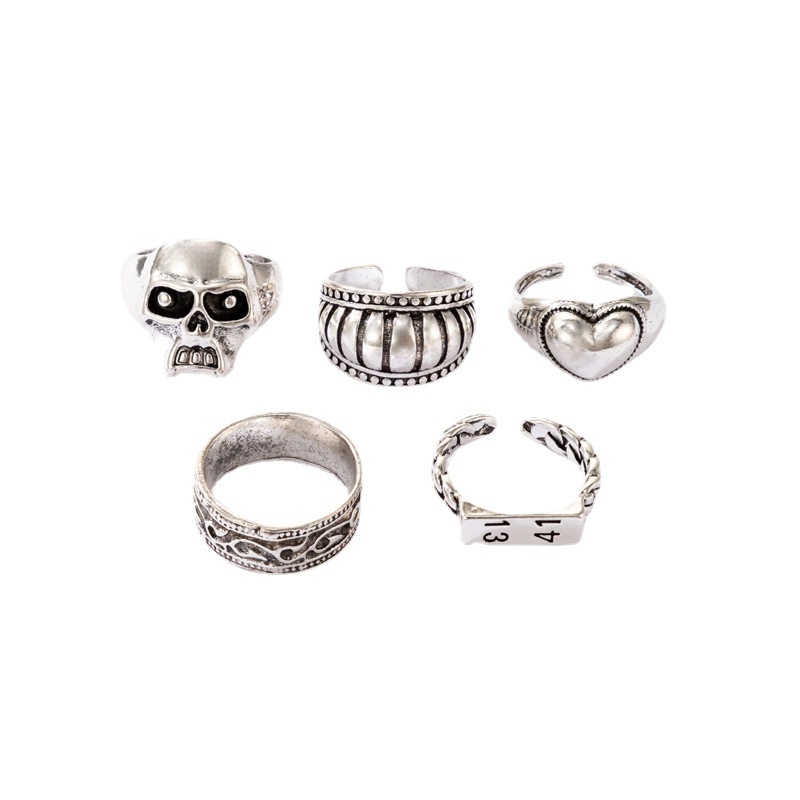 5pcs / set Cincin Desain Tengkorak / Hati / Geometri Vintage Bahan Alloy Warna Silver Untuk Wanita 1314