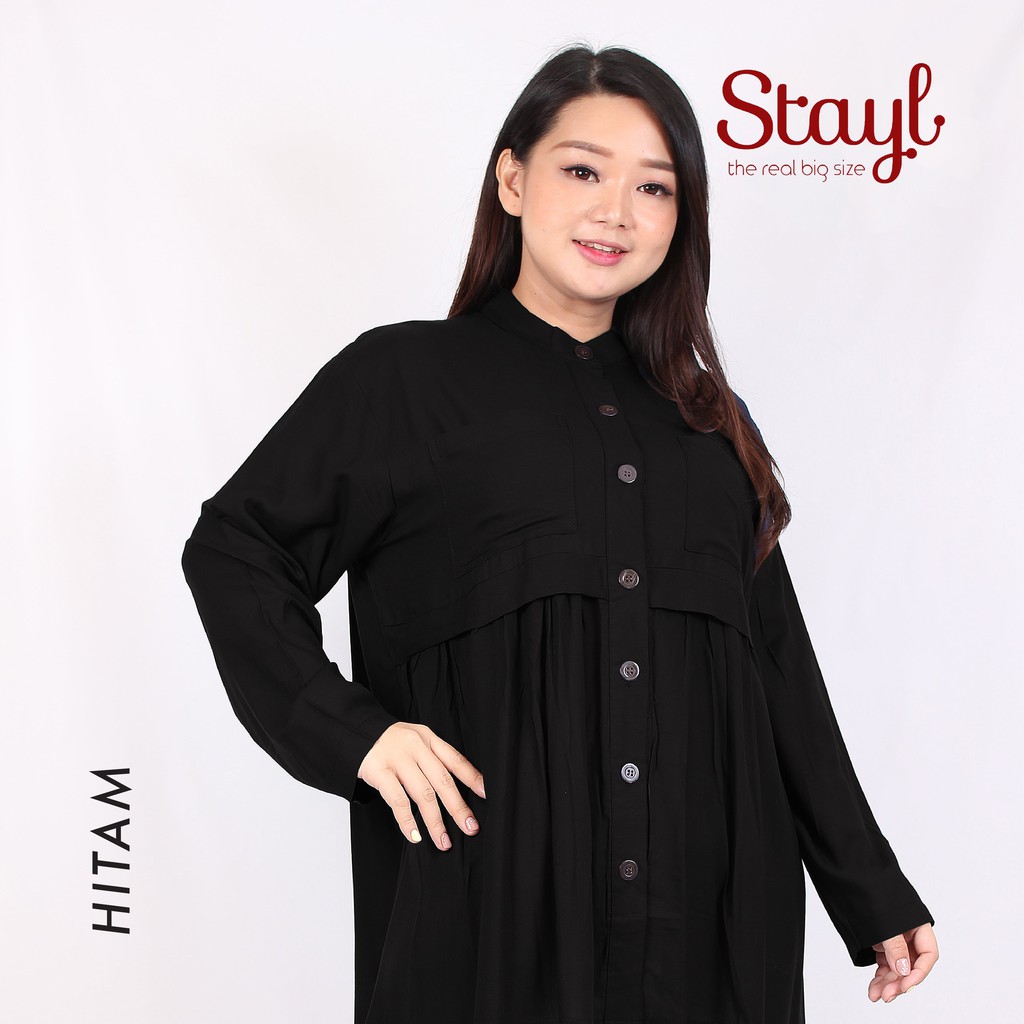 Kemeja Wanita Lengan Panjang LD 100 - 120 3XL Jumbo Rayon Twill 7 Warna Qanita Atasan Big Size XL-Hitam