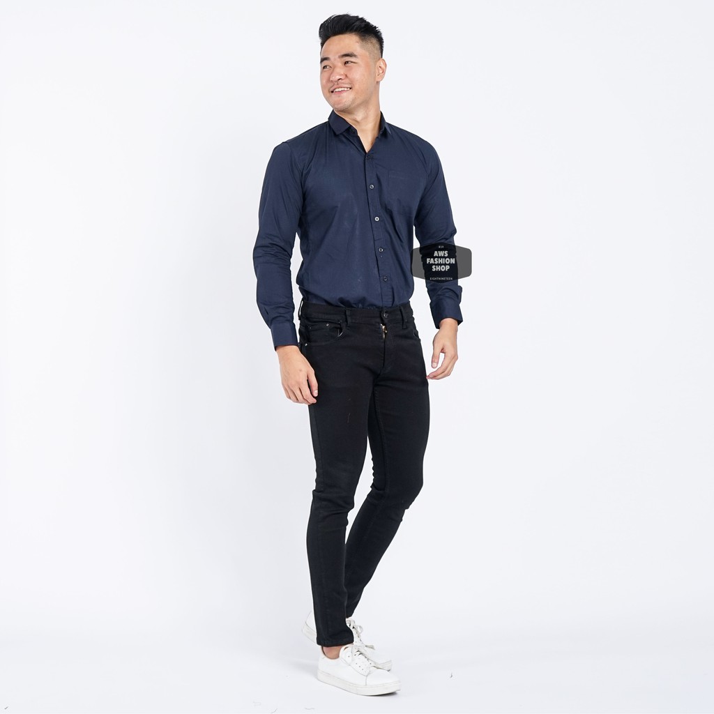 Kemeja Pria Lengan Panjang Polos Biru Navy Dark Blue Navy Polos Slimfit Casual 3264