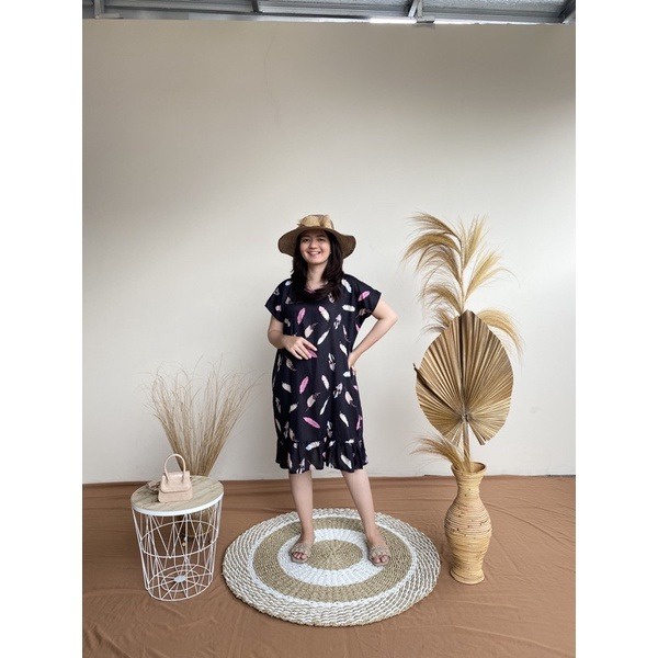 Daster Ruffle Kekinian Jumbo LD 120 | Daster Viral Selutut Murah | Daster Rayon Premium Non Busui-Daun Hitam