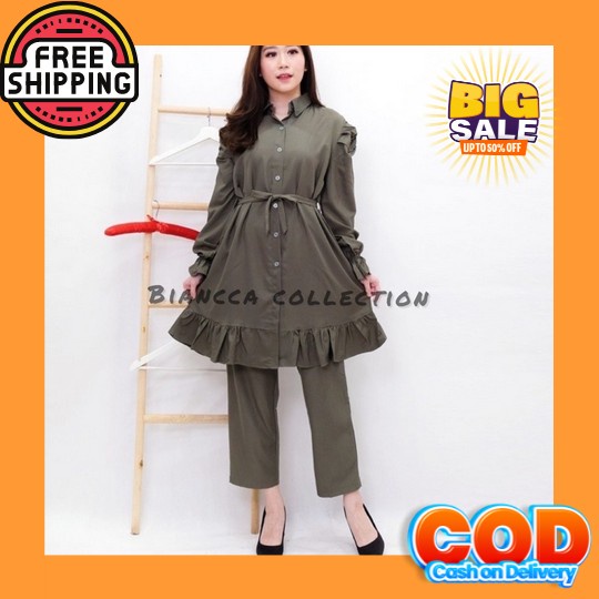 One Set Crinkle Airflow Tunik Dan Celana Matt Rayon Setelan Wanita Kek Kely Set Tunik - Setcel Shaki