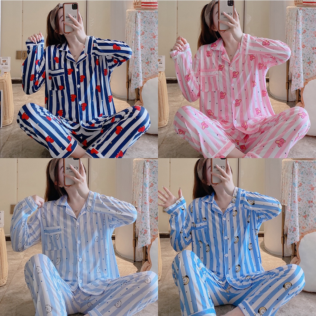 JALJA - Piyama BT21 UNOFFICIAL Inspired Baju Tidur Kpop BTS Bangtan Boys Pajamas Chimmy Cooky Tata RJ