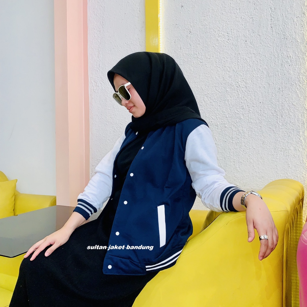 Jaket Varsity Basic II jaket Baseball Polos II College Jacket II Jaket Sweater Varsity Milea-NEVY - PUTIH