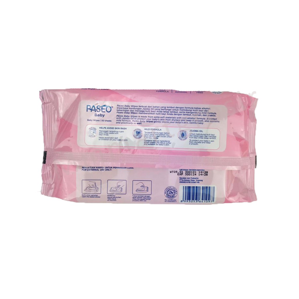 Paseo Baby Wipes / Tisu Basah / With Jojoba oil / 50 sheets