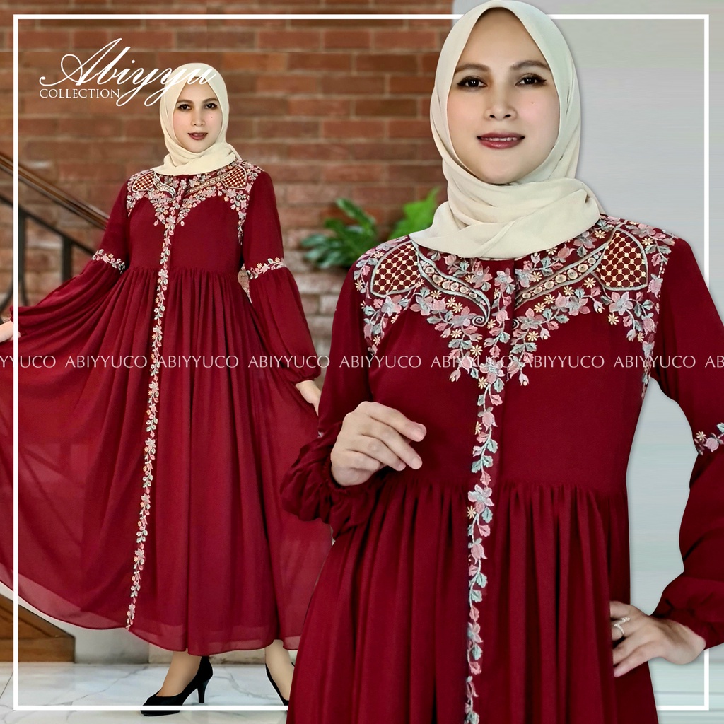 Abiyyuco TA9014 | Gamis Ceruty Babydoll Busui Terbaru Gamis Ceruti Babydol Resleting Depan dengan Bordir Cantik Mewah