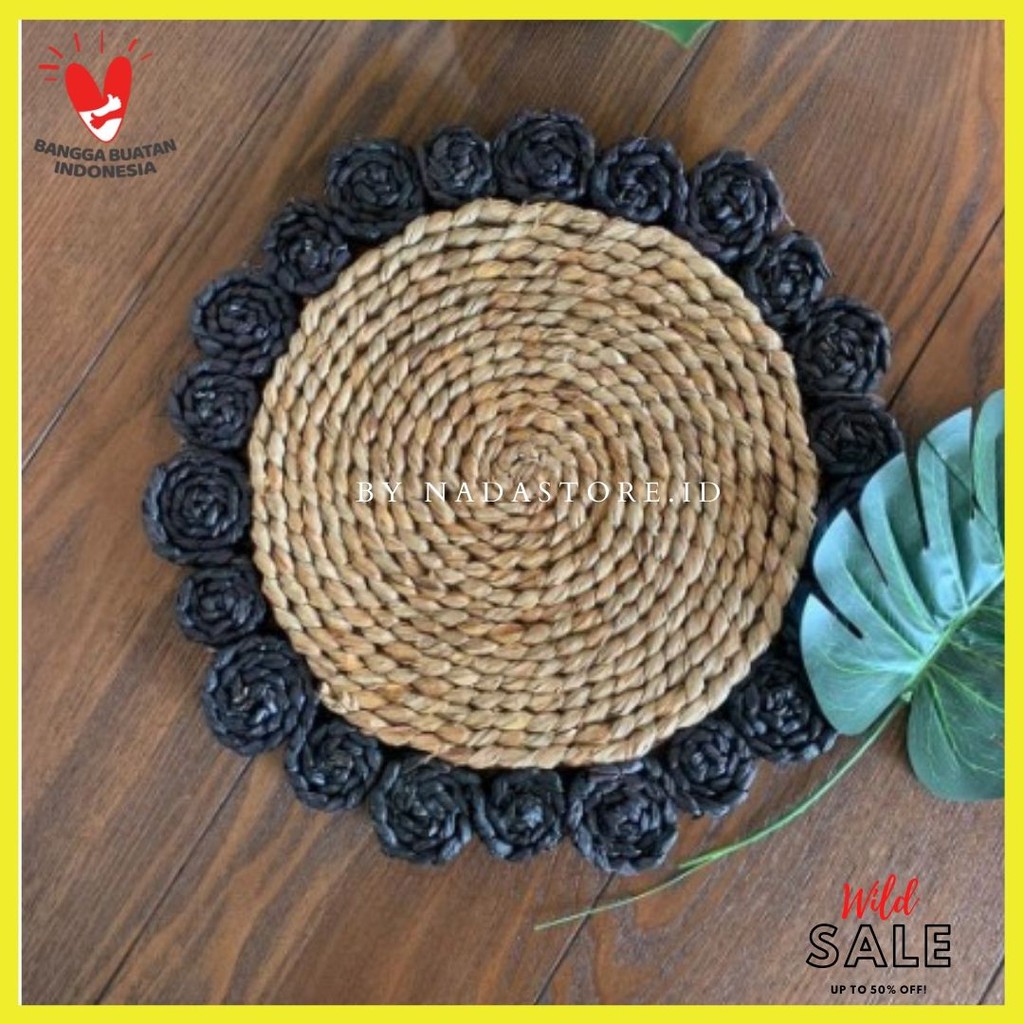 Placemat Seagrass Matahari Natural List Hitam Diameter 35 cm