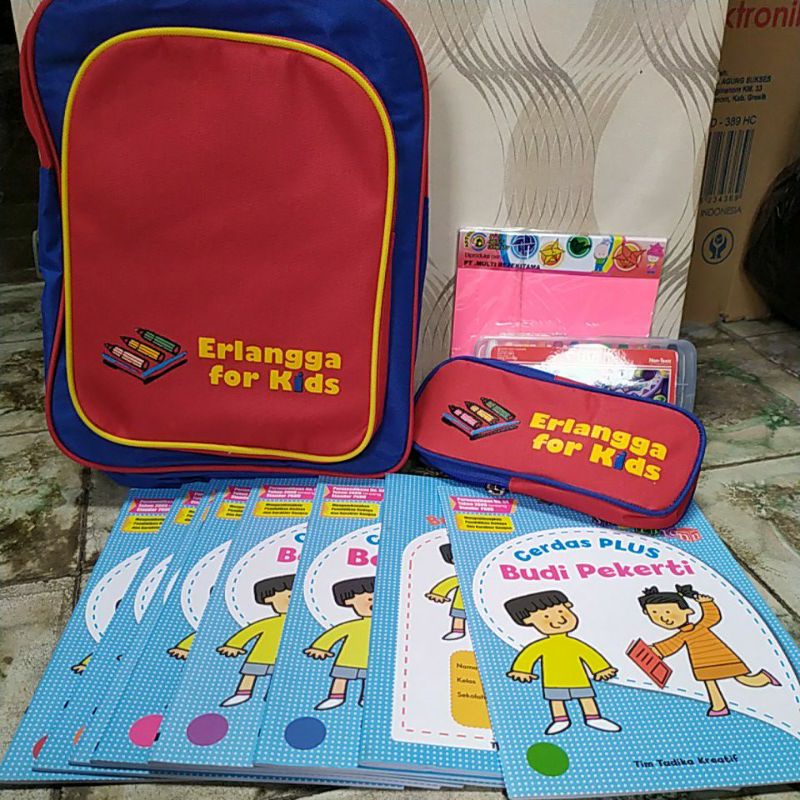 PAKET PAUD. TK. Erlangga for kids. ( tas, alat tulis, pensil warna, buku gambar, buku materi).