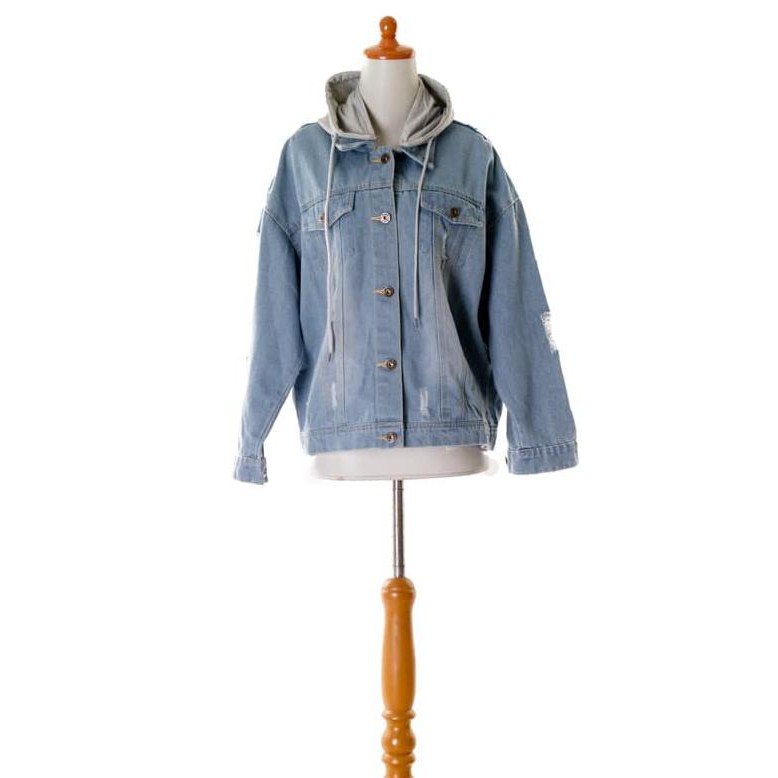 Termurah Jaket Jeans Wanita Gray Hoodie Denim (M) Import
