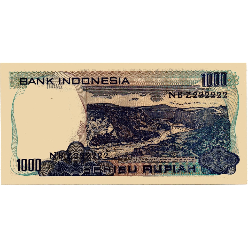 Uang Kuno Nomor Cantik NBZ 222222 Indonesia 1000 Rupiah 1980 UNC