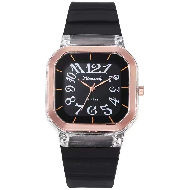 Jam Tangan Rubber Wanita Analog Quartz Angka Dial Kotak Import-55-4 #3 Hitam