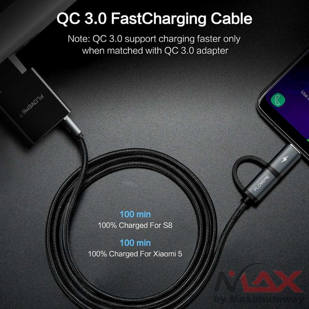 Floveme Kabel Charger 2 in 1 Micro USB + USB Type C QC3.0 2.8A 100cm 1 meter cable data kecepatan tinggi FLOVEME 2 in 1 QC 3.0 Micro USB Type C Cable Fast Charging Type-C Charger USB-C Cables For Samsung S8 Note 8 S7 Phone USB Cable