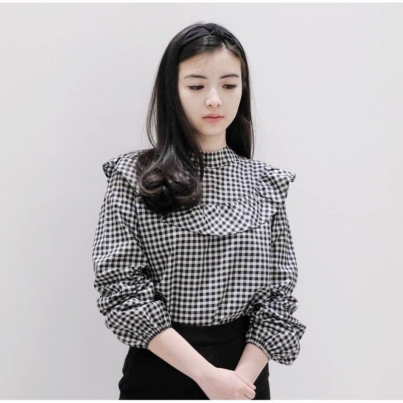 BAJU ATASAN WANITA BLOUSE REMPEL KOTAK KOTAK