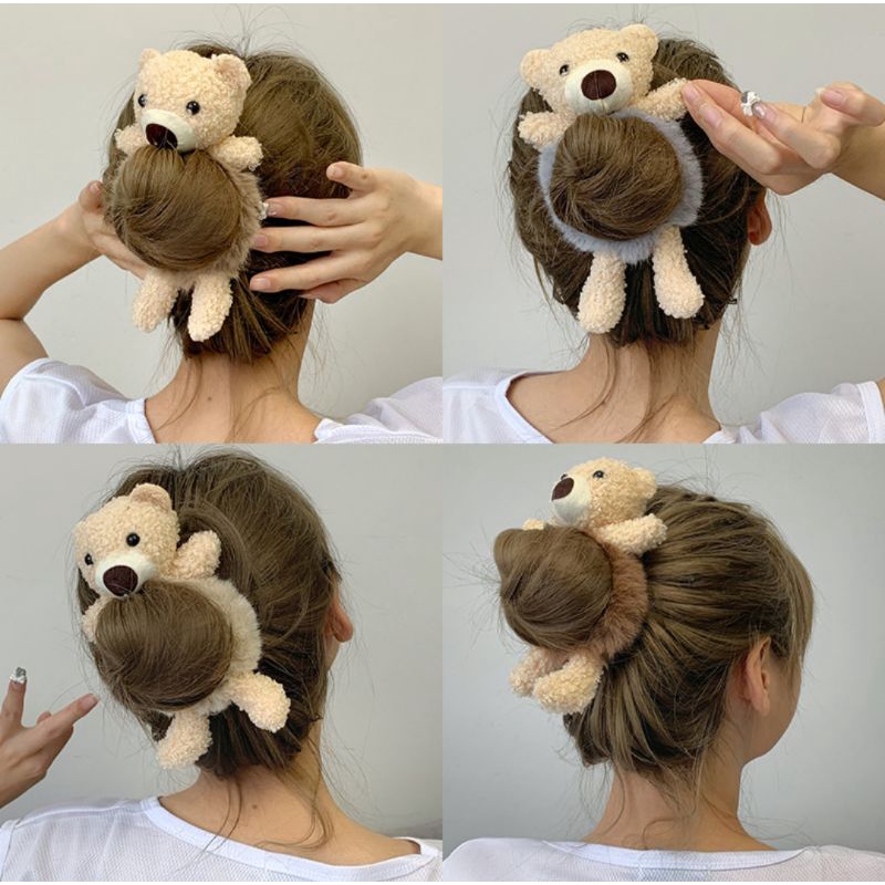 Ikat Rambut Scurnchie Boneka Beruang Scrunchie Bulu Korea Plush Bear Fluffy Faux Fur Ball Scrunchies Rabbit