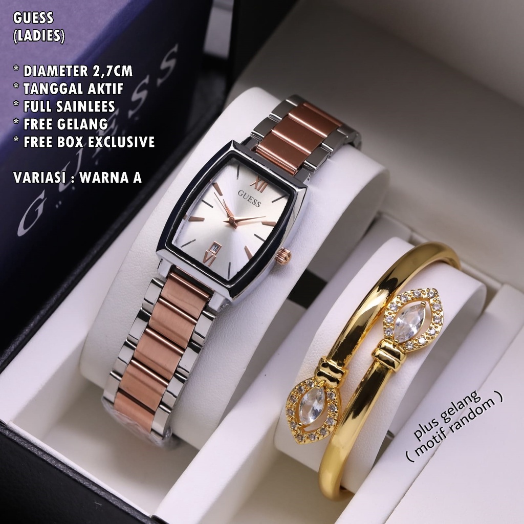 (BISA COD) JAM TANGAN WANITA GUESS RANTAI OVAL TANGGAL AKTIF FREE GELANG