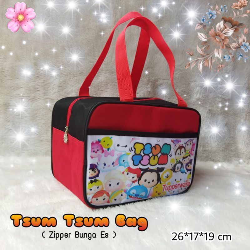 Tas Tsum Tsum Tupperware ( Zipper Bunga Es ) / tas bekal karakter / tas makan siang / tas ultah