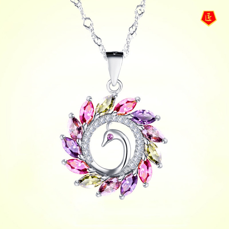 [Ready Stock]Colorful Gem Peacock Pendant Silver Necklace Graceful Personality